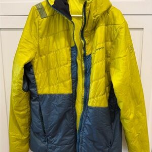 La Sportiva men’s XL hooded down puffy Vibrant Yellow and Teal Jacket